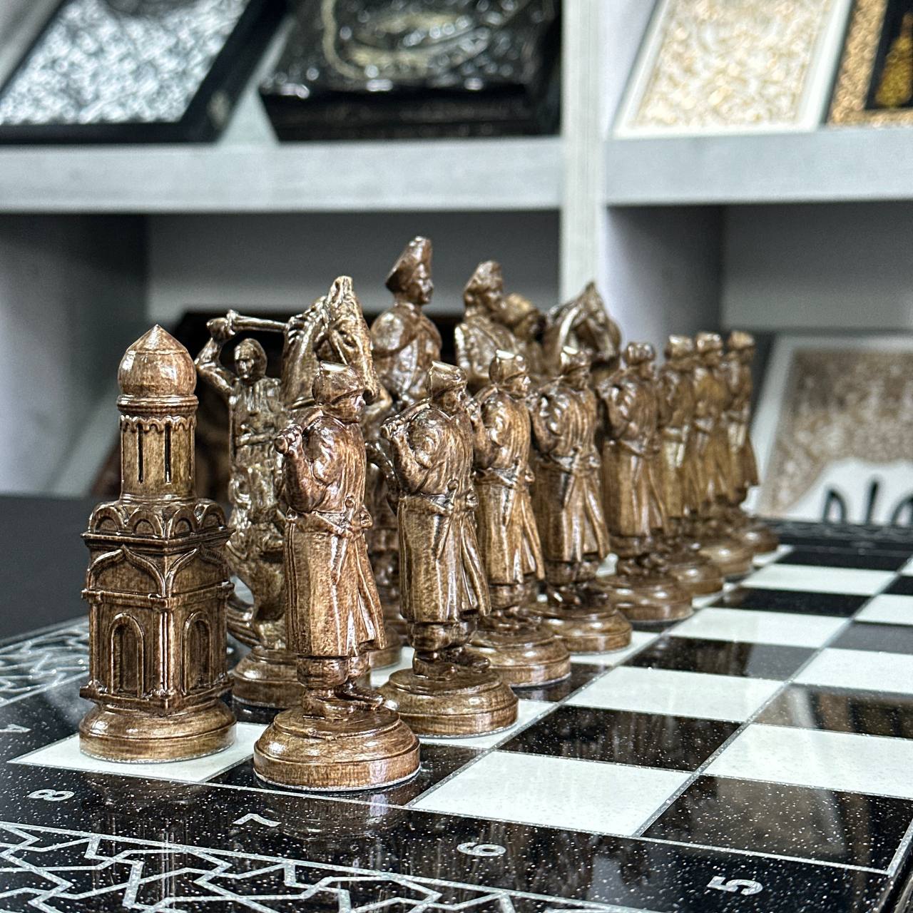 Luxury White&Black Acrylic stone Chess set 3-in-1 Game board. Wooden chess figures. Gift-ready.