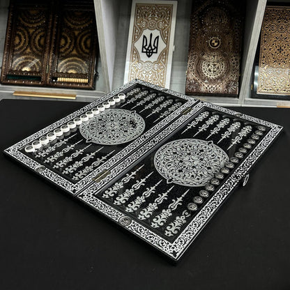Luxury White&Black Acrylic stone Chess set 3-in-1 Game board. Wooden chess figures. Gift-ready.