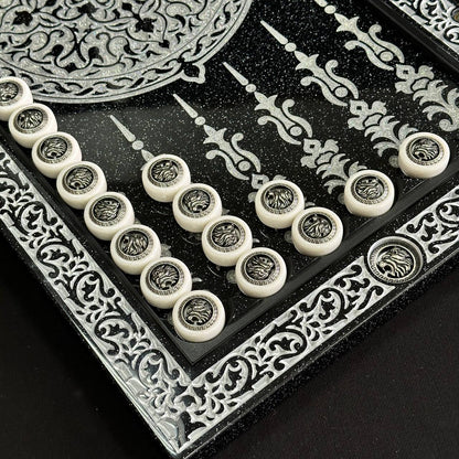 Luxury White&Black Acrylic stone Chess set 3-in-1 Game board. Wooden chess figures. Gift-ready.