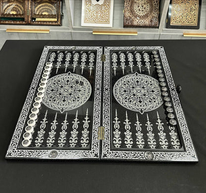 Luxury White&Black Acrylic stone Chess set 3-in-1 Game board. Wooden chess figures. Gift-ready.