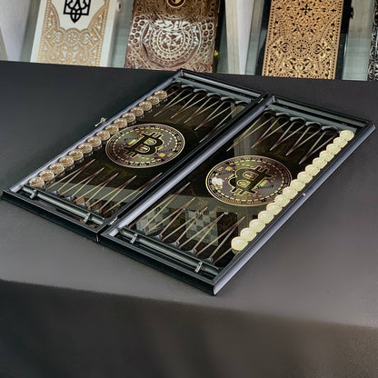 Backgammon-Brett aus Glas „Bitcoin“ 61 x 27 cm, luxuriöses Brettspielset als Geschenk