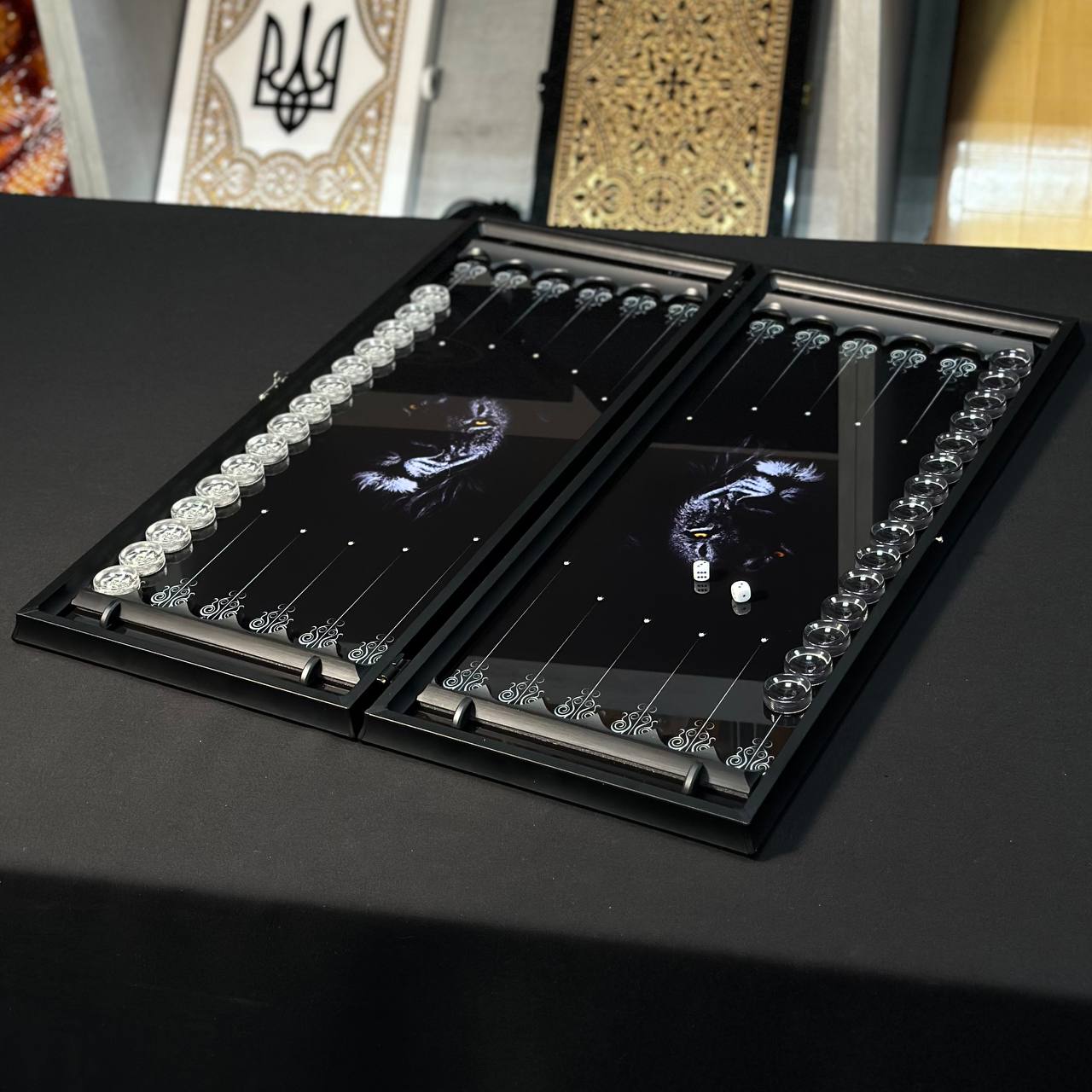 Exquisite Glass Backgammon "Lion" - 61×27 cm, Art. 250002. Customized. Gift-ready