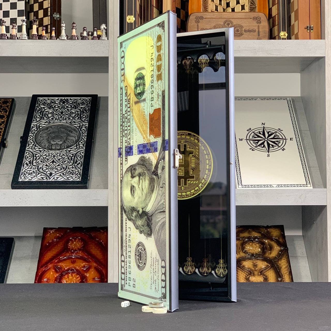 Exquisites Glas-Backgammon-Set "Dollar", 61×27 cm, Art. 250003, Individualisierung möglich. Geschenkfertig