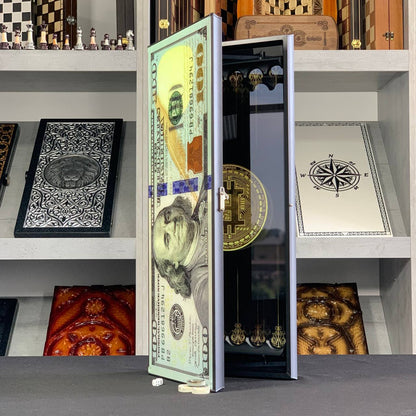Exquisites Glas-Backgammon-Set "Dollar", 61×27 cm, Art. 250003, Individualisierung möglich. Geschenkfertig