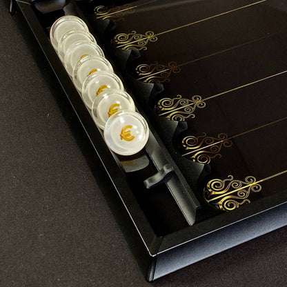 Exquisites Glas-Backgammon-Set "Dollar", 61×27 cm, Art. 250003, Individualisierung möglich. Geschenkfertig