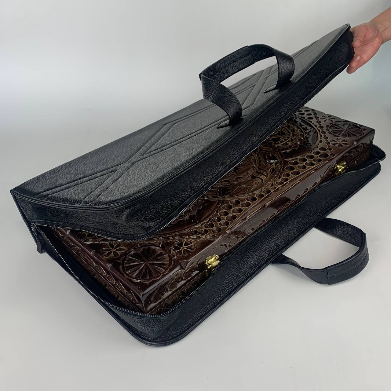 Leather storage case for backgammon/chess set 60*30cm. Personalization is available.