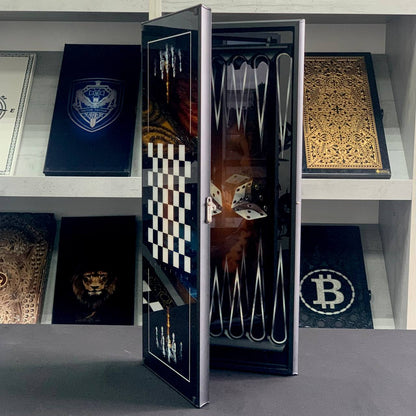 Plateau de jeu élégant 3 en 1 en verre : échecs, backgammon en verre et dames. Prêt à offrir. Personnalisé