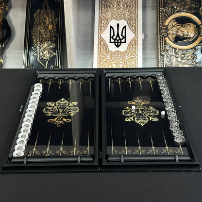 Backgammon-Set aus Glas LÖWE, 61 x 27 x 5 cm, personalisiertes und exklusives Design. Als Geschenk geeignet.