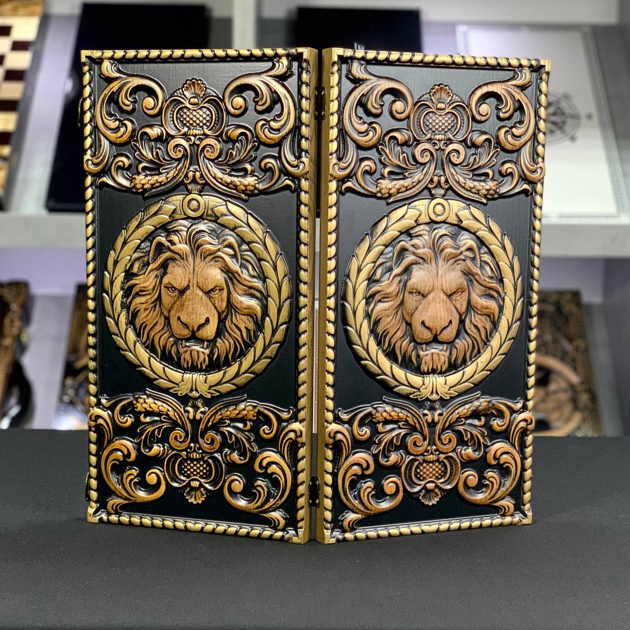Wooden Backgammon "Lion" Set - Luxury Ash Wood, Carved Design, Gift-Ready