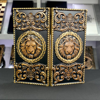 Wooden Backgammon "Lion" Set - Luxury Ash Wood, Carved Design, Gift-Ready