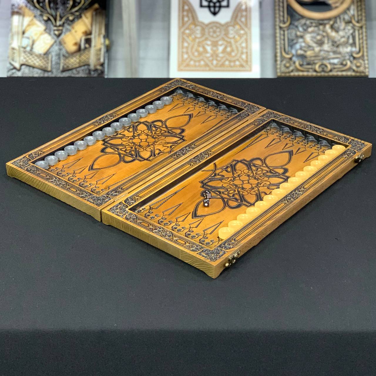 Wooden Backgammon "Lion" Set - Luxury Ash Wood, Carved Design, Gift-Ready