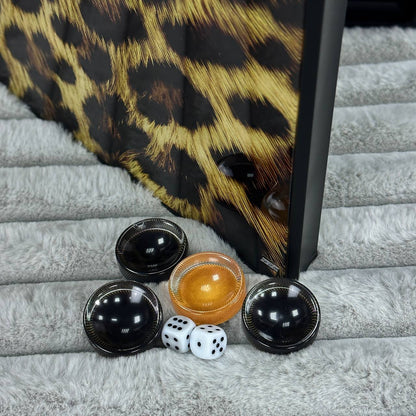 Glas-Backgammon-Set Leopard, 61 x 27 cm. Personalisierung. Als Geschenk geeignet.