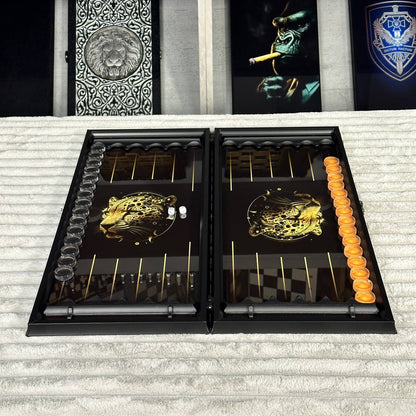 Glas-Backgammon-Set Leopard, 61 x 27 cm. Personalisierung. Als Geschenk geeignet.