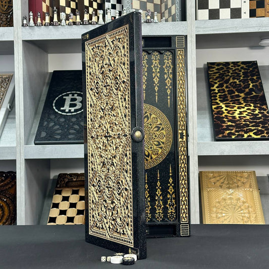 Luxuriöses Backgammon aus Acrylsteinen in Schwarz und Gold, 58×28 cm, Steinbrett, fertig zum Verschenken
