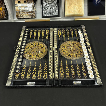Backgammon de luxe en pierre acrylique noir et or 58×28cm, plateau en pierre Prêt à offrir