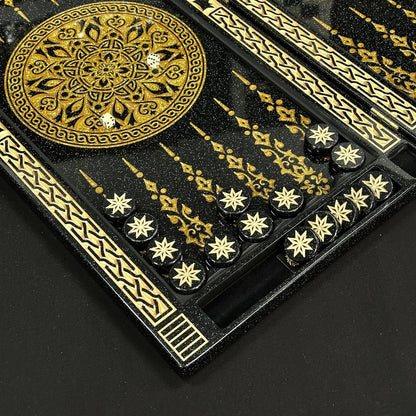 Backgammon de luxe en pierre acrylique noir et or 58×28cm, plateau en pierre Prêt à offrir