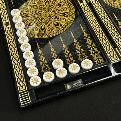 Backgammon de luxe en pierre acrylique noir et or 58×28cm, plateau en pierre Prêt à offrir