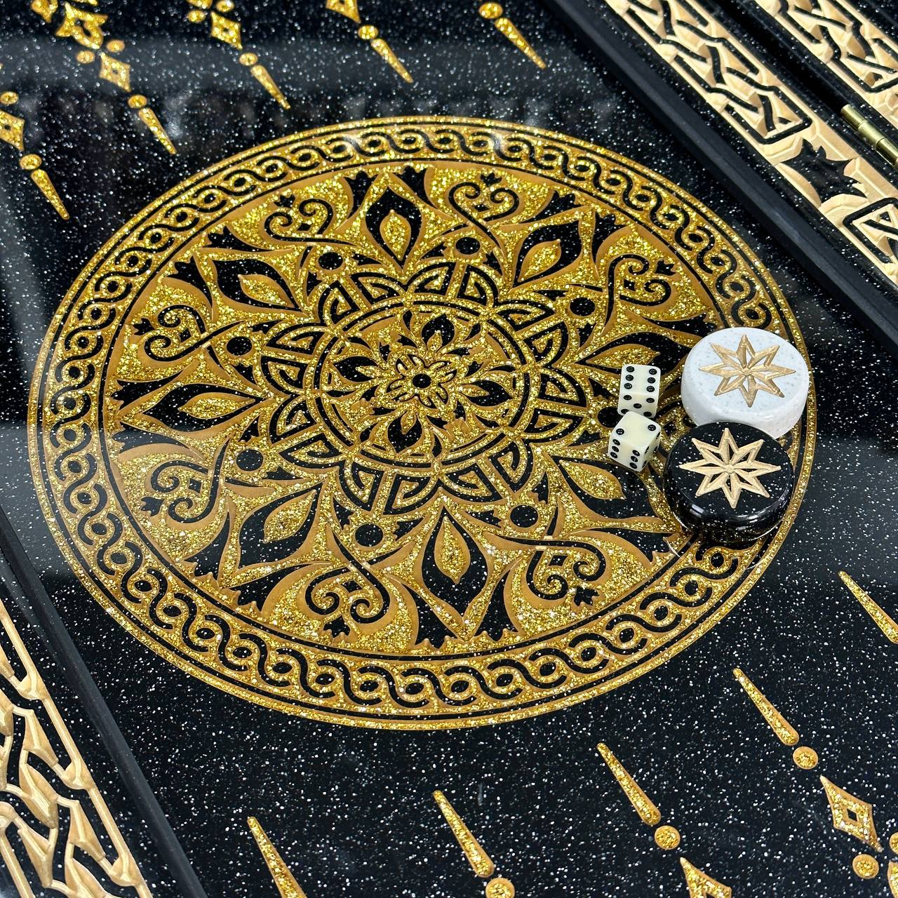 Backgammon de luxe en pierre acrylique noir et or 58×28cm, plateau en pierre Prêt à offrir