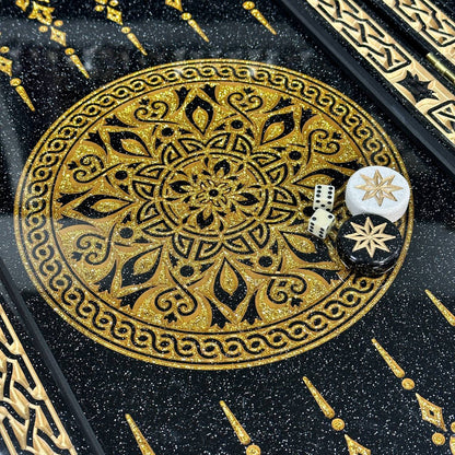 Backgammon de luxe en pierre acrylique noir et or 58×28cm, plateau en pierre Prêt à offrir