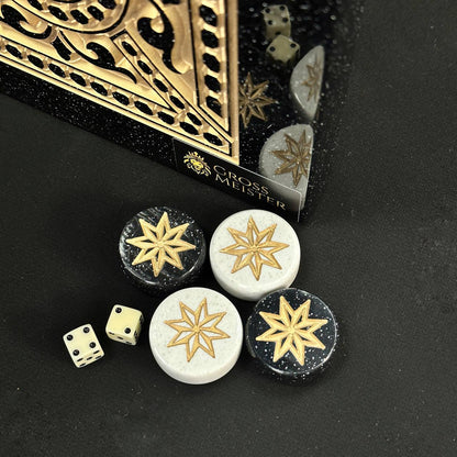 Backgammon de luxe en pierre acrylique noir et or 58×28cm, plateau en pierre Prêt à offrir