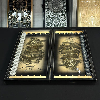 Jeu de backgammon en bois Jeu de société "Bateau", 50*23cm. Prêt à offrir. Idée cadeau élégante