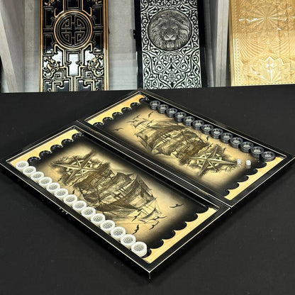 Jeu de backgammon en bois Jeu de société "Bateau", 50*23cm. Prêt à offrir. Idée cadeau élégante