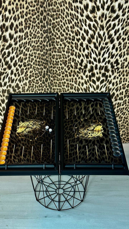 Glas-Backgammon-Set Leopard, 61 x 27 cm. Personalisierung. Als Geschenk geeignet.