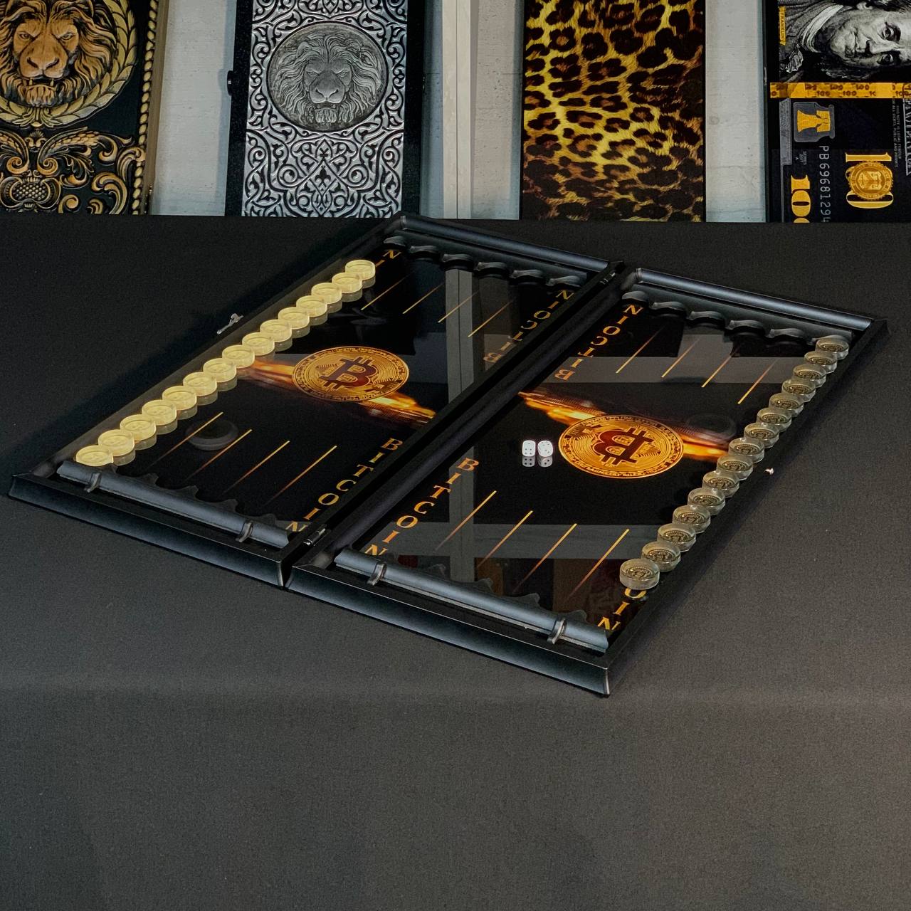 Glass backgammon board "Blue Bitcoin" 61*27cm, Luxury Gift-ready board game set