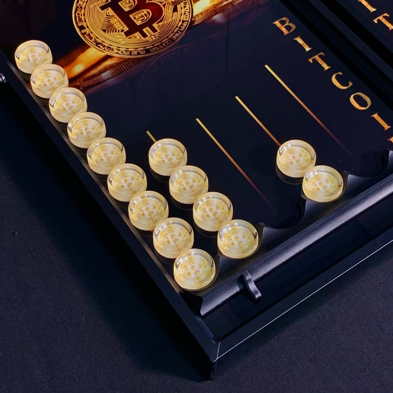 Plateau de backgammon en verre "Blue Bitcoin" 61*27cm, jeu de société de luxe prêt à offrir