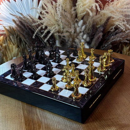 Chess Set with Imitation Marble (29x29 cm), Wooden chess set. Gift-ready. Art. 198027