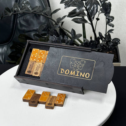 Luxuriöses Domino-Set aus Holz und elegantem Leder, 52*27*12mm orange Dominosteine, Geschenkfertig