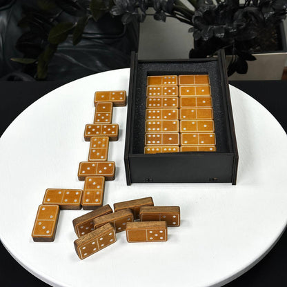 Luxuriöses Domino-Set aus Holz und elegantem Leder, 52*27*12mm orange Dominosteine, Geschenkfertig