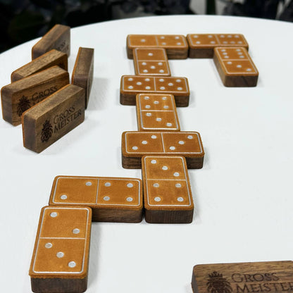 Luxuriöses Domino-Set aus Holz und elegantem Leder, 52*27*12mm orange Dominosteine, Geschenkfertig