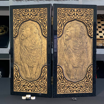 Backgammon en pierre acrylique noire de luxe « Grand Lion d'or » 58*28cm, prêt à offrir et personnalisé