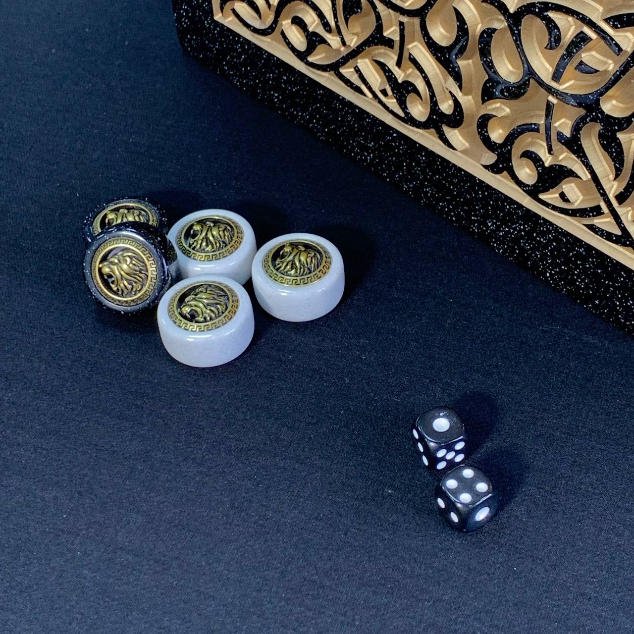 Backgammon en pierre acrylique noire de luxe « Grand Lion d'or » 58*28cm, prêt à offrir et personnalisé