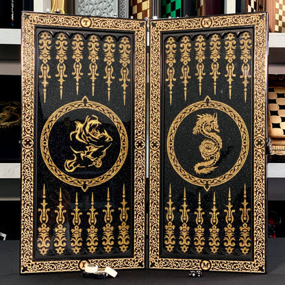 Backgammon en pierre acrylique noire de luxe « Grand Lion d'or » 58*28cm, prêt à offrir et personnalisé