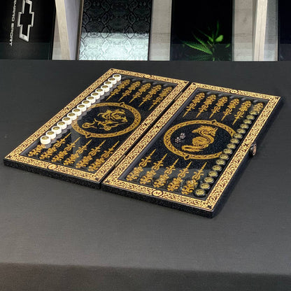 Backgammon en pierre acrylique noire de luxe « Grand Lion d'or » 58*28cm, prêt à offrir et personnalisé