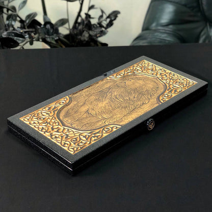 Backgammon en pierre acrylique noire de luxe « Grand Lion d'or » 58*28cm, prêt à offrir et personnalisé