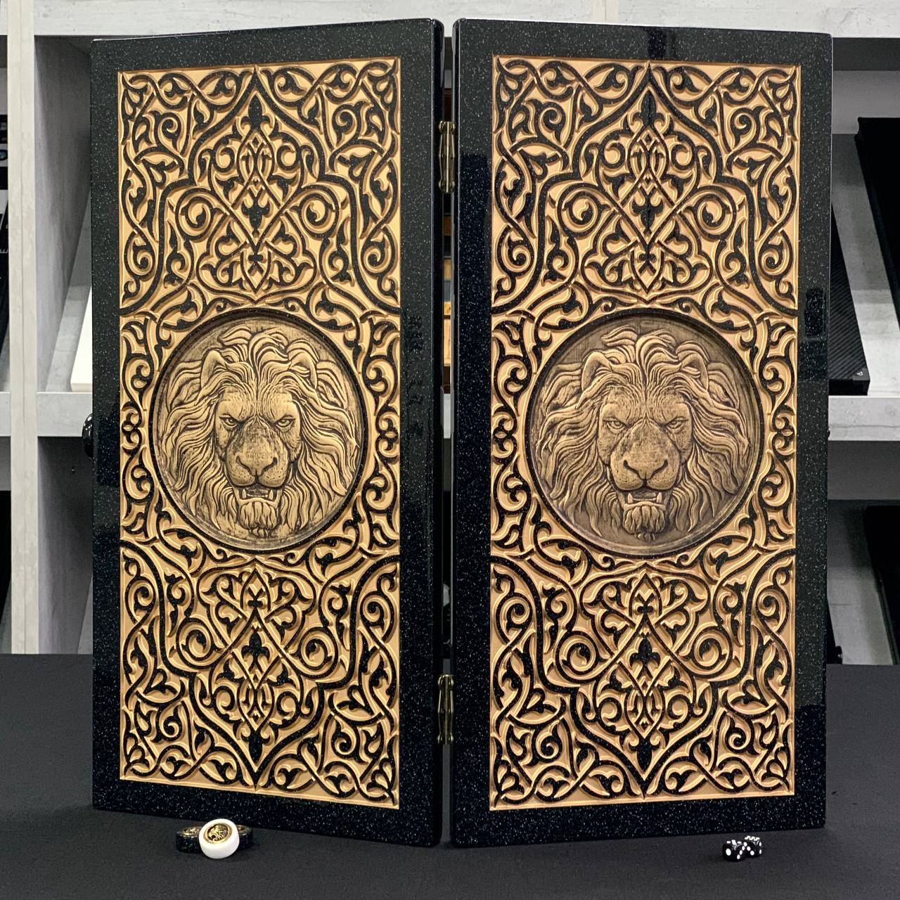 Luxury Black Acrylic Stone Backgammon "Golden Lion" 58*28cm Premium Board Gift-ready