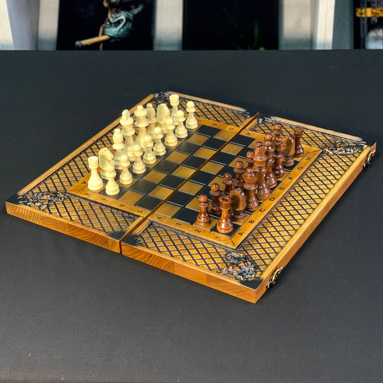 Holzschachspiel 3 in 1 - Schach, Backgammon, Dame, 46*23cm, Geschenkfertig