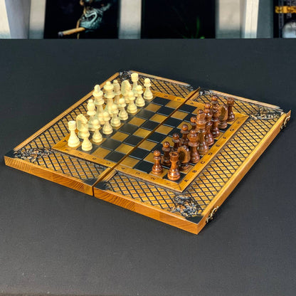 Holzschachspiel 3 in 1 - Schach, Backgammon, Dame, 46*23cm, Geschenkfertig