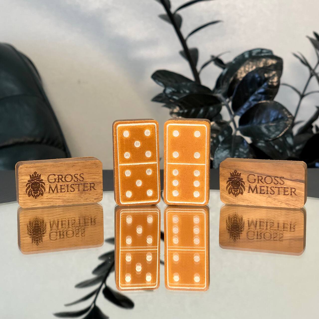 Luxuriöses Domino-Set aus Holz und elegantem Leder, 52*27*12mm orange Dominosteine, Geschenkfertig
