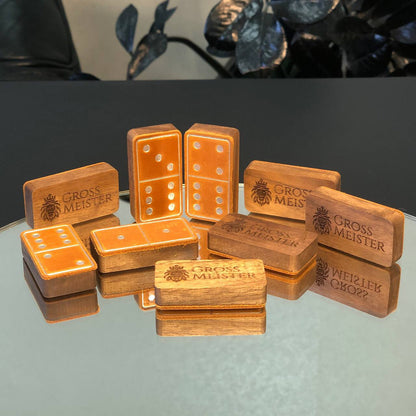 Luxuriöses Domino-Set aus Holz und elegantem Leder, 52*27*12mm orange Dominosteine, Geschenkfertig