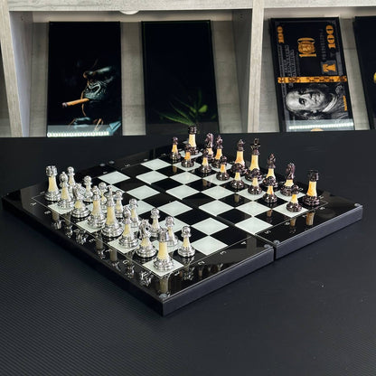 Jeu d'échecs et de backgammon en verre 3 en 1 dans un cadre en bois, 2 tailles, un jeu de société luxueux prêt à offrir