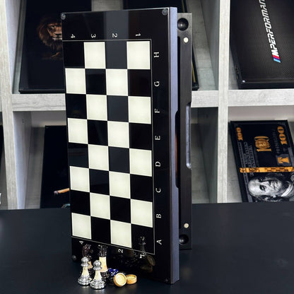 Jeu d'échecs et de backgammon en verre 3 en 1 dans un cadre en bois, 2 tailles, un jeu de société luxueux prêt à offrir