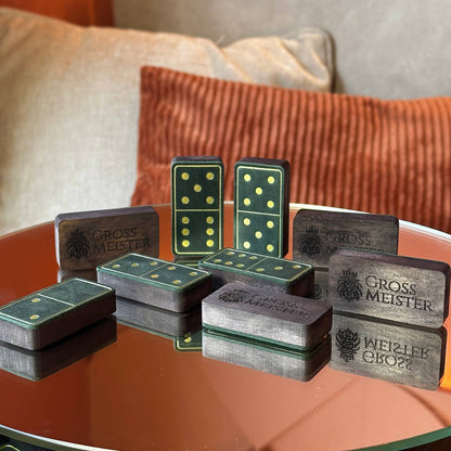 Luxuriöses Domino-Set aus Holz und elegantem Leder, 52*27*12mm grüne Dominosteine, Geschenkfertig