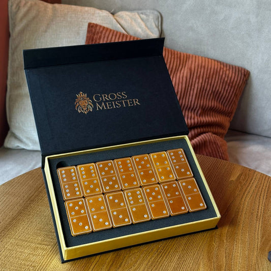 Luxuriöses Domino-Set aus Holz und elegantem Leder, 52*27*12mm orange Dominosteine, Geschenkfertig