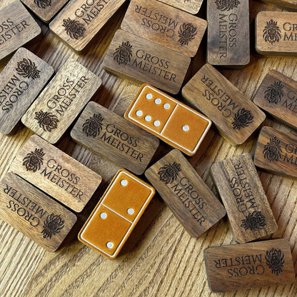 Luxuriöses Domino-Set aus Holz und elegantem Leder, 52*27*12mm orange Dominosteine, Geschenkfertig