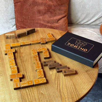 Luxuriöses Domino-Set aus Holz und elegantem Leder, 52*27*12mm orange Dominosteine, Geschenkfertig