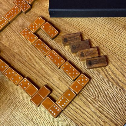 Luxuriöses Domino-Set aus Holz und elegantem Leder, 52*27*12mm orange Dominosteine, Geschenkfertig